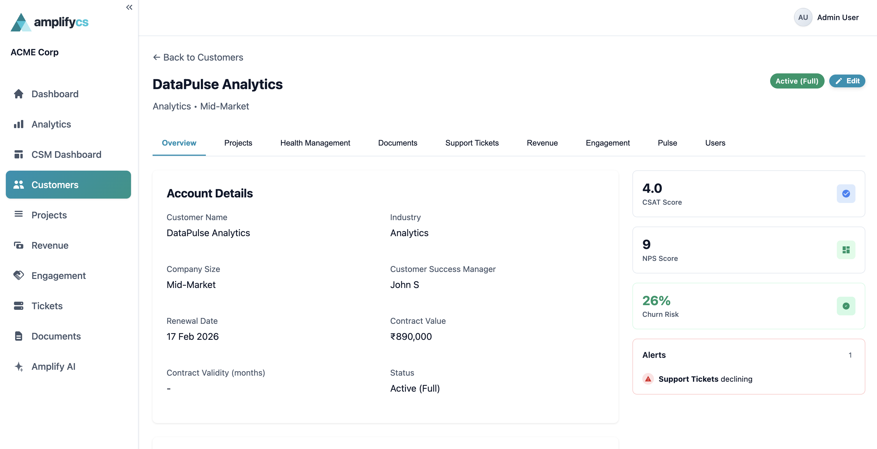 360° Customer View — Complete customer profile with account details, health score, and alerts