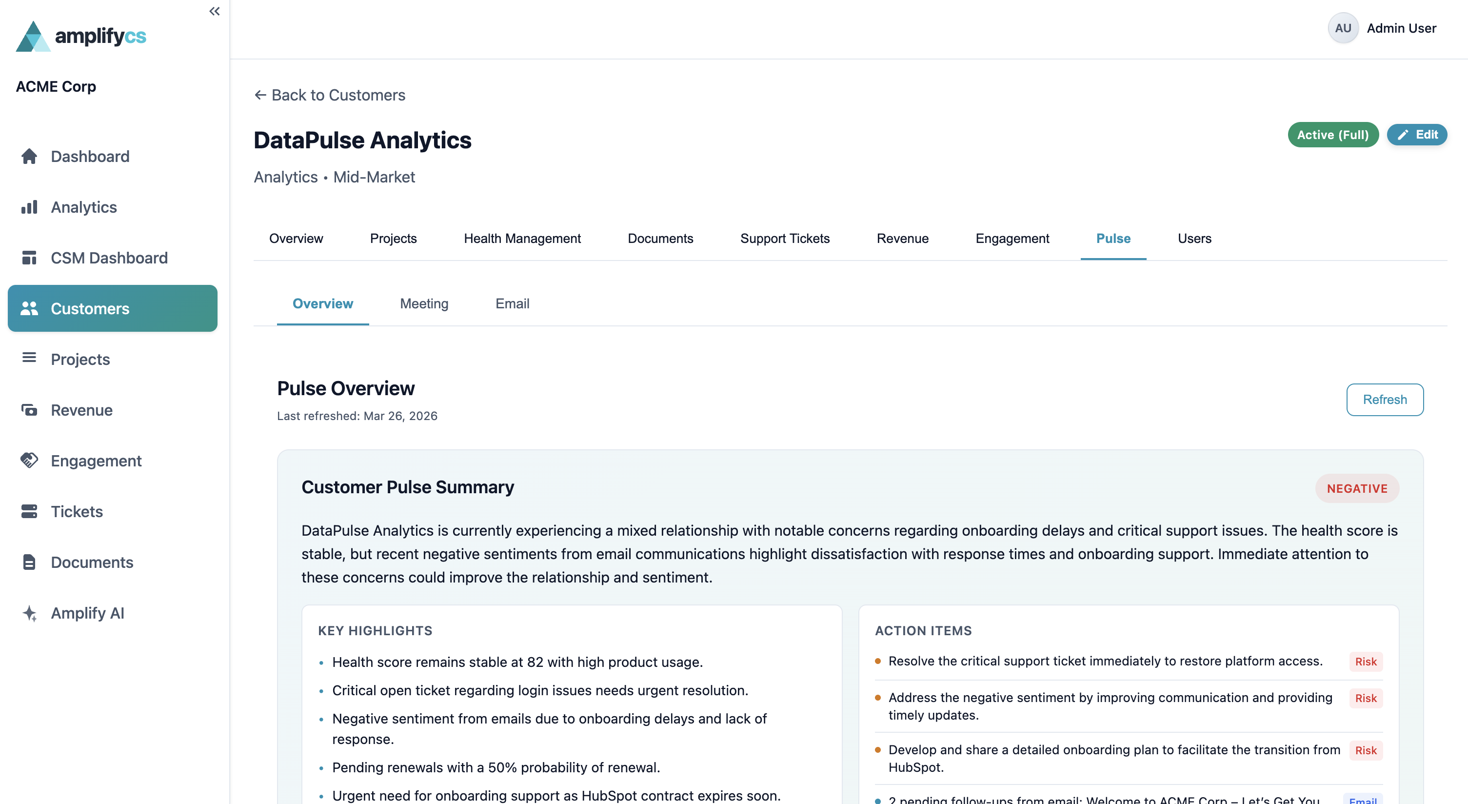 AI Pulse Analysis — AI-generated customer sentiment analysis with key highlights and action items