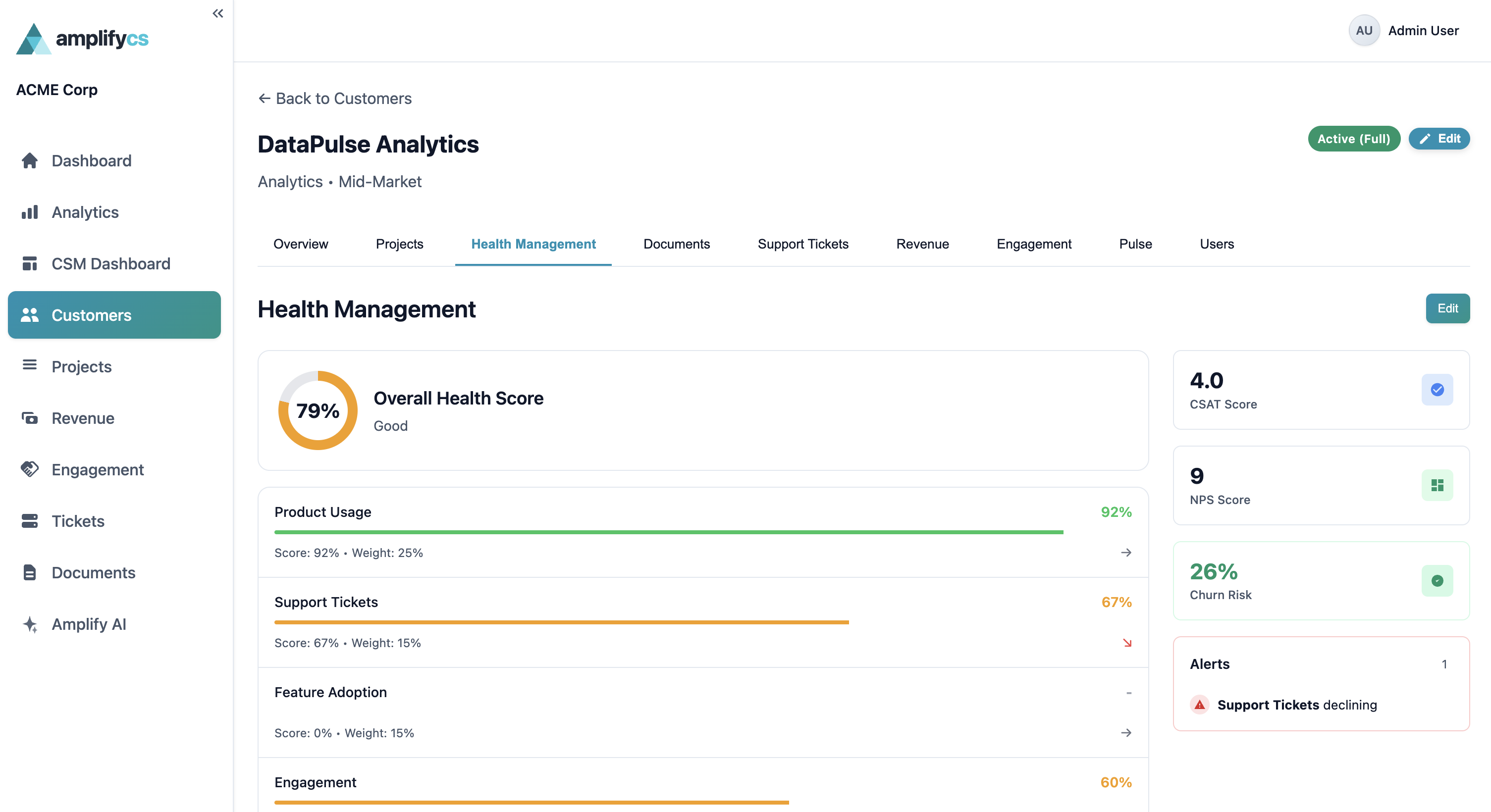 Health Scoring — Multi-dimensional health scores with product usage, support, and engagement metrics